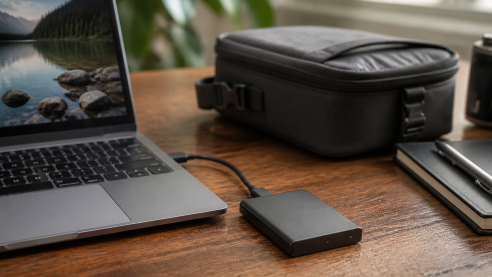 External SSD connected to a laptop