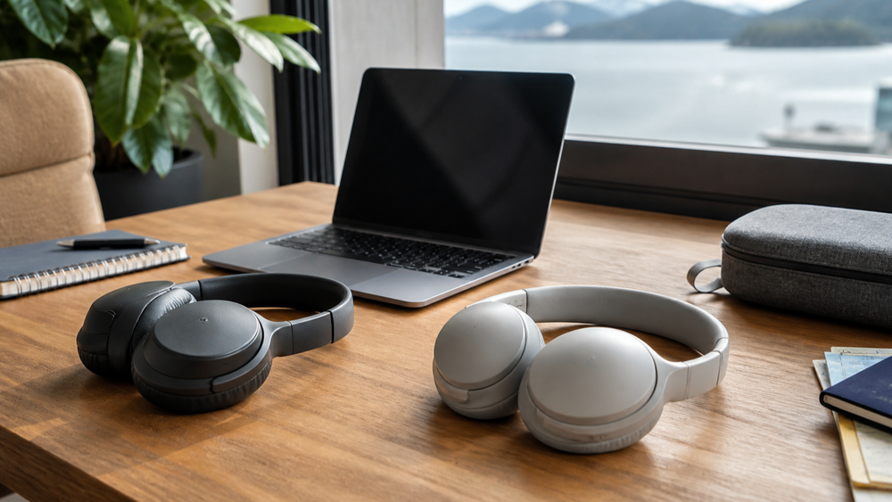 Headphones for work and travel beside a laptop