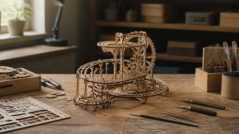 Mechanical wooden model kit on a hobby workbench