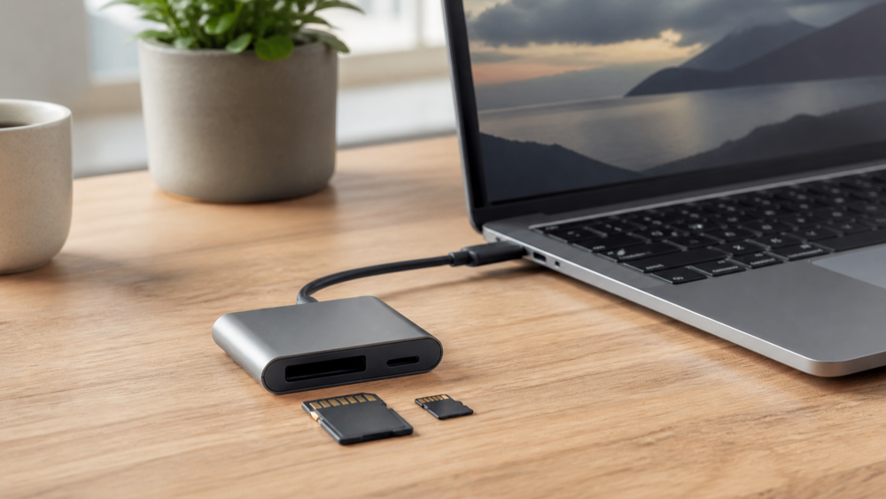 SD and microSD card reader connected by USB-C to a laptop