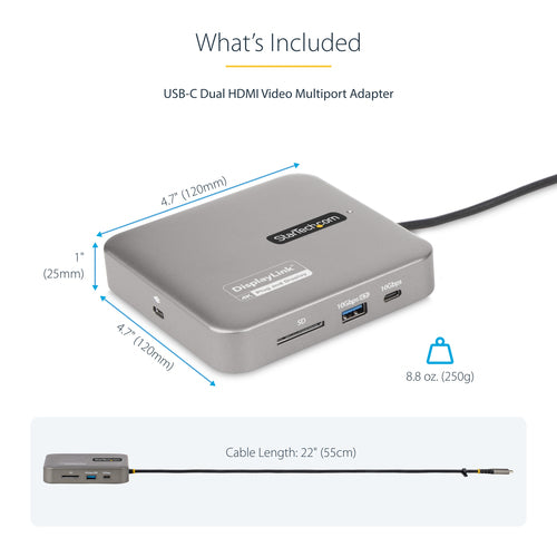 STARTECH.COM USB C MULTIPORT ADAPTER, DUAL 4K 60HZ HDMI, 10GBPS USB HUB, PD 3 YR