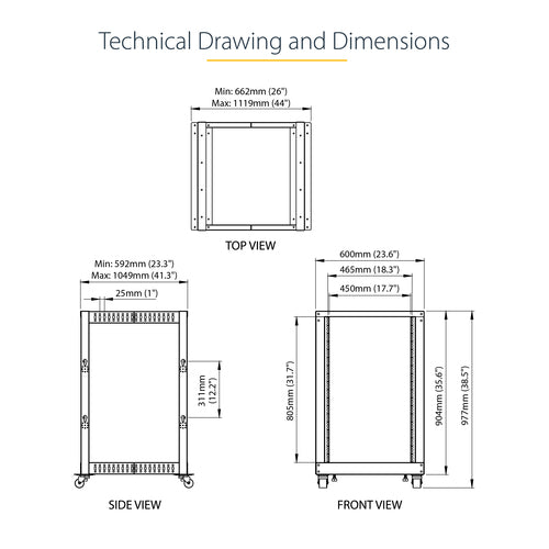 StarTech.com 4POSTRACK18U - Rack - 18U Open Frame - 22-40 in. Depth