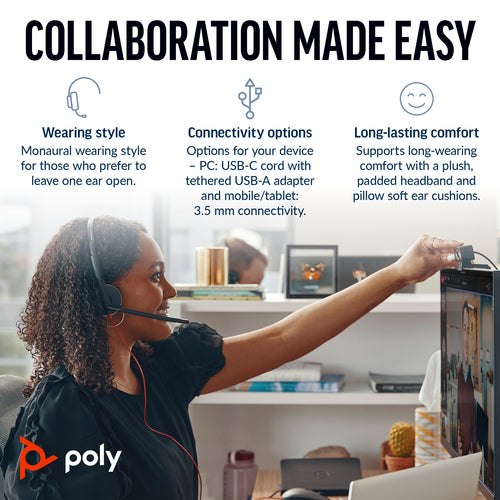 Poly Blackwire 5210 Monaural USB-C Headset +3.5mm Plug +USB-C/A Adapter