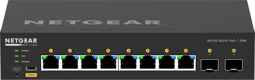 GSM4210PX-100AUS - NETGEAR   GSM4210PX-100AUS  M4250-8G2XF-POE+ DESKTOP MANAGED SWITCH 8X1G POE+ 220W AND 2X10G SFP+ AV LINE (GSM4210PX)