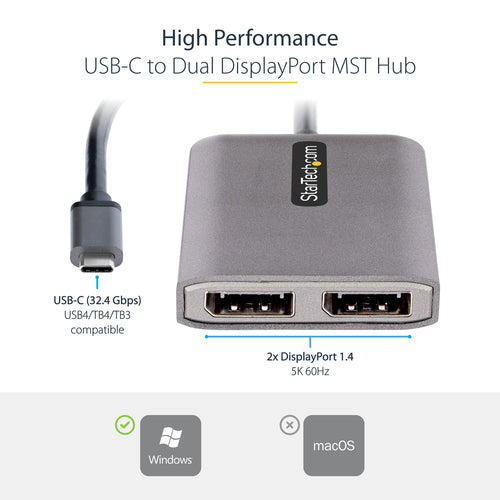 StarTech.com MST14CD122DP - 2-Port USB-C to DisplayPort MST Hub 4K