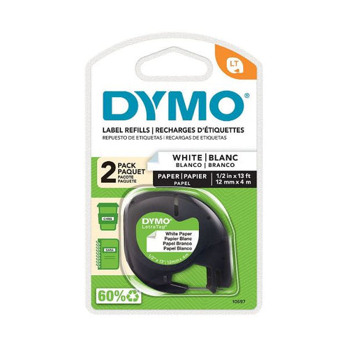 10697 - DYMO 10697 - LT 92630 12mm x 4m Paper Whi 2pk Tapes for LetraTag Labeller 10697