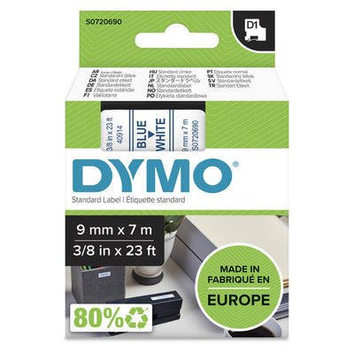 S0720690 - Dymo Blue on Wht 9mm x7m Tape