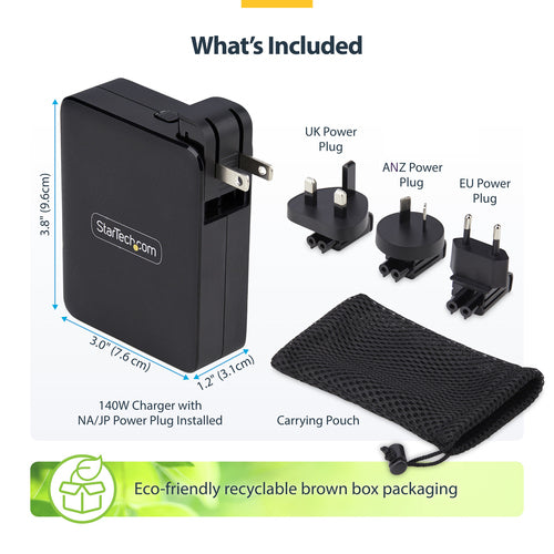 STARTECH.COM 140W USB-C WALL CHARGER, USB-C/USB-A, PD GAN POWER ADAPTER, 2 YR