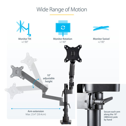 STARTECH.COM DESK MOUNT MONITOR ARM W/ USB - POLE MOUNT FULL MOTION - 8KG 2 YR