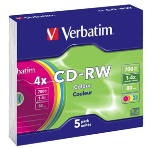 MV150 - Verbatim CD-RW 700MB 2-4x Multi Colour 5 Pack with Slim Cases