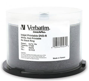 MV263 - Verbatim DVD-R 4.7GB 16x White Wide Inkjet Printable 50pk on Spindle