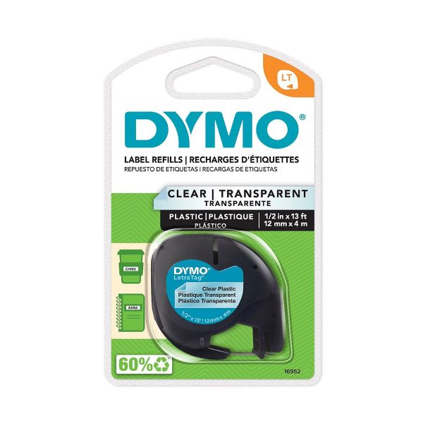 DYMO 16952 - Genuine LetraTag Labeller Plastic Tape 12mm x 4M. Black Clear Tear-resist. 1 label