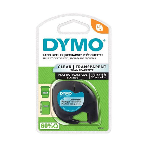 16952 - DYMO 16952 - Genuine LetraTag Labeller Plastic Tape 12mm x 4M. Black Clear Tear-resist. 1 label
