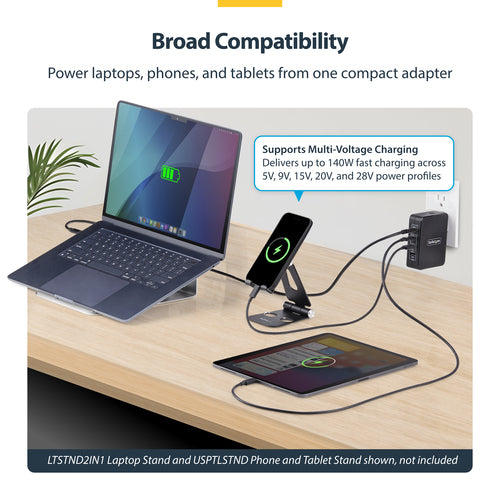STARTECH.COM 140W USB-C WALL CHARGER, USB-C/USB-A, PD GAN POWER ADAPTER, 2 YR
