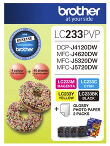 BCK73 - Brother LC233PVP Combo Pack with 40 Sheets of 6x4 Photo Paper