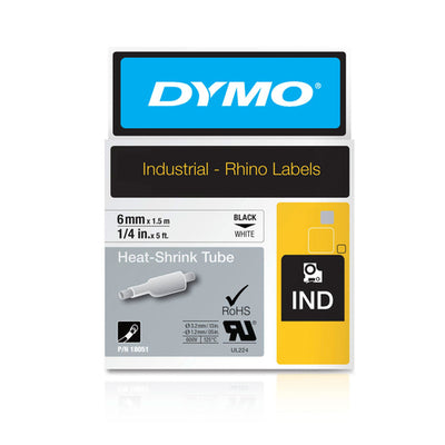 DYMO 18051 - Genuine Rhino Industrial Labels- Heat Shrink 6mm Black on White. industrial grade