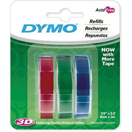 1741671 - DYMO 1741671 - Genuine Embossing Labels. 3 Multi-Pack Blue Red Green 9mm x 3m.