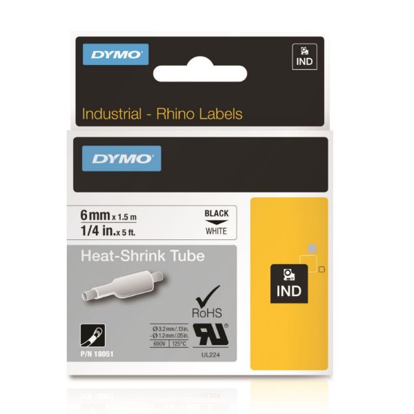 DYMO 18051 - Genuine Rhino Industrial Labels- Heat Shrink 6mm Black on White. industrial grade
