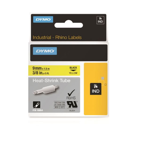 DYMO 18054 - Genuine Rhino Industrial Labels- Heat Shrink 9mm Black on Yellow. industrial grade