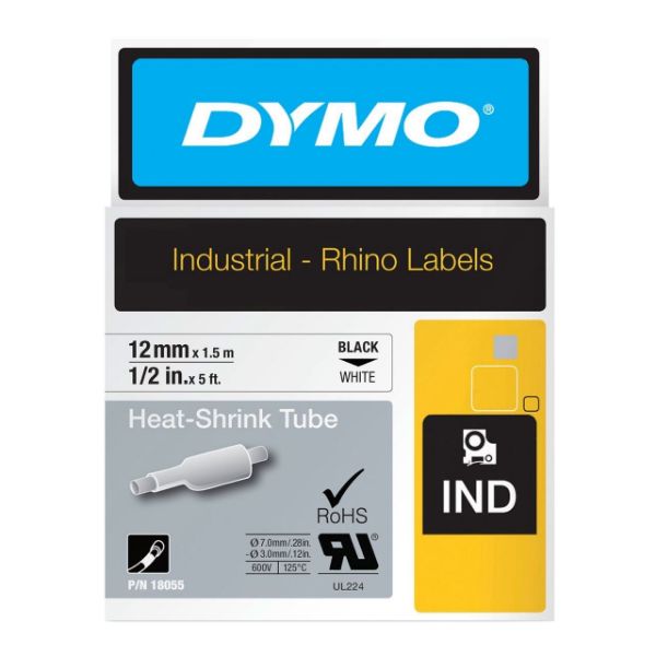 DYMO 18055 - Rhino Heat Shrink 12mm x1.5m White w/ Black Text 18055