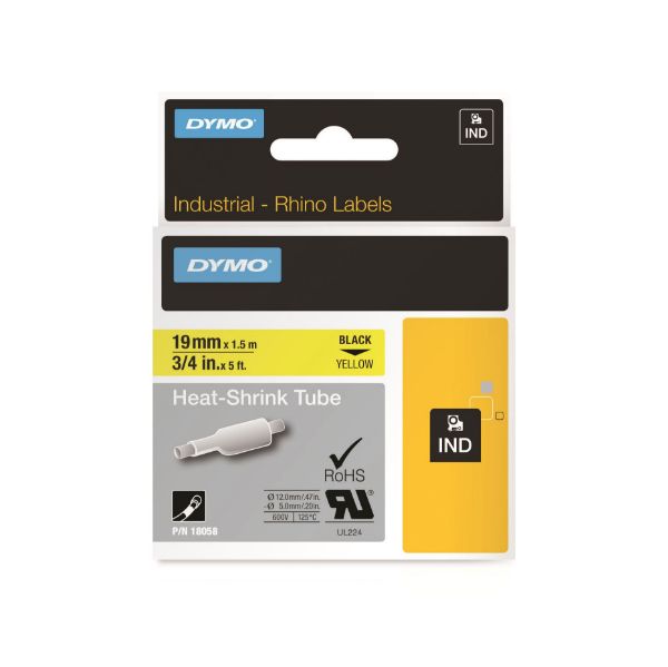 DYMO 18058 - Genuine Rhino Industrial Labels-Heat Shrink 19mm Black on Yellow. industrial grade
