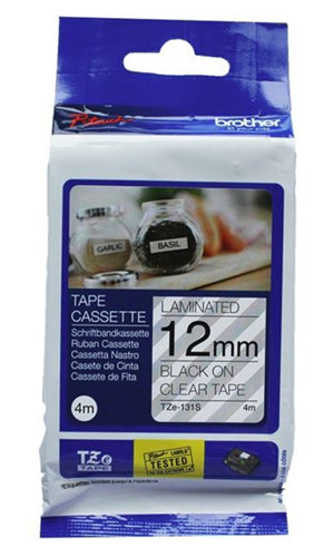BCL107 - Brother TZe-131S 12mm x 4m Black on Clear Laminated Tape