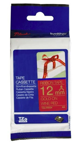 BCL607 - Brother TZe-RW34 12mm x 4m Gold on Wine Red Ribbon Tape