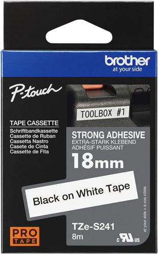 Brother TZe-S241 18mm x 8m Extra Strength Black on White Tap