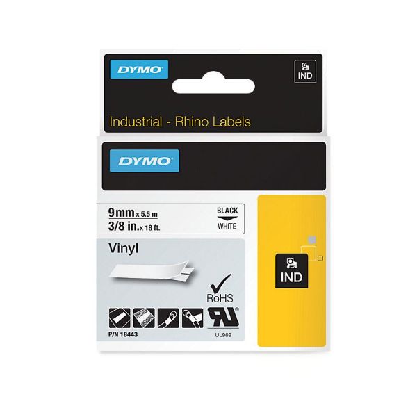 18443 - Genuine Rhino Industrial Vinyl 9mm x 5.5m. Black on White. Compatible w/ DYMO Rhino
