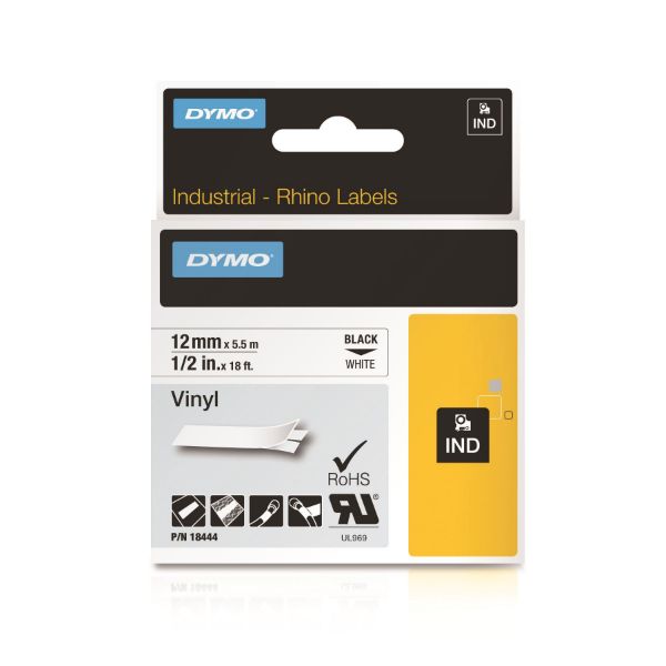 18444 - DymoRhino Blk on Wht 12mm Tape