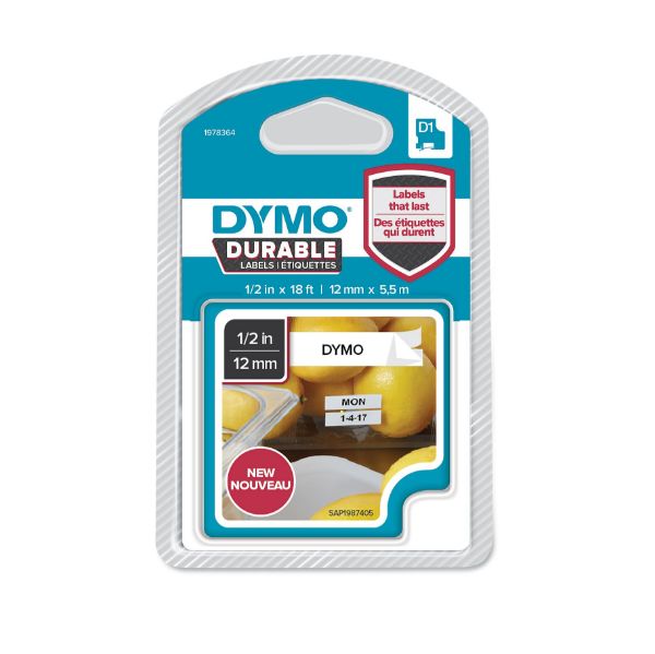 DYMO 1978364 - Genuine D1 Extra-Strength Durable Labels. 12mm x5.5m Blk on White. Stronger than Std D1