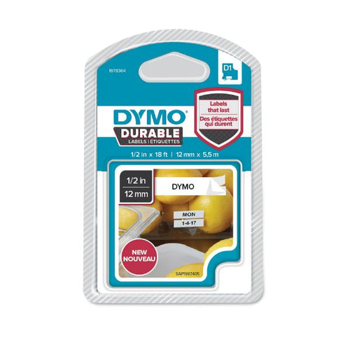 1978364 - DYMO 1978364 - Genuine D1 Extra-Strength Durable Labels. 12mm x5.5m Blk on White. Stronger than Std D1