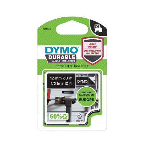1978365 - DYMO 1978365 - Genuine D1 Extra-Strength Durable Labels. 12mm x 3m Wht on Black. Stronger than Std D1