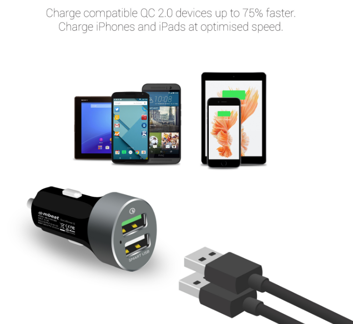 MB-CHGR-QBS - mbeat® QuickBoost S Dual Port Qualcomm Certified Quick Charge 2.0 und Smart USB KFZ-Ladegerät