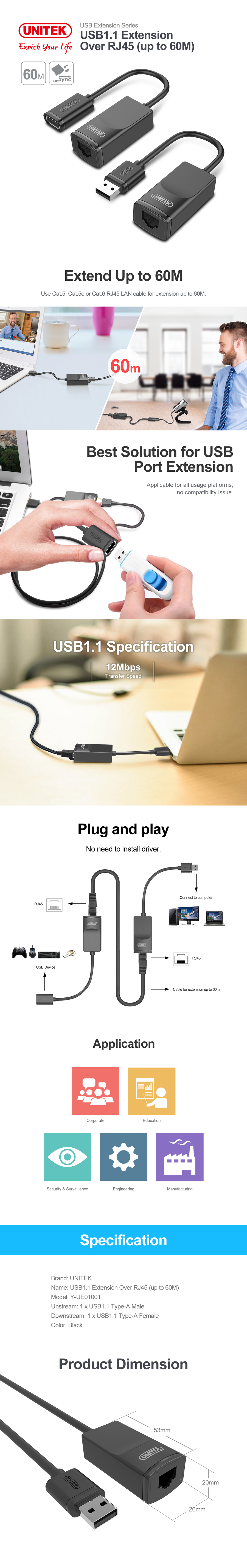 Unitek Y-UE01001 - USB 1.1 Extension Over RJ45 60m. Use Cat.5 Cat.5e or Cat.6 RJ45 LAN Cable.