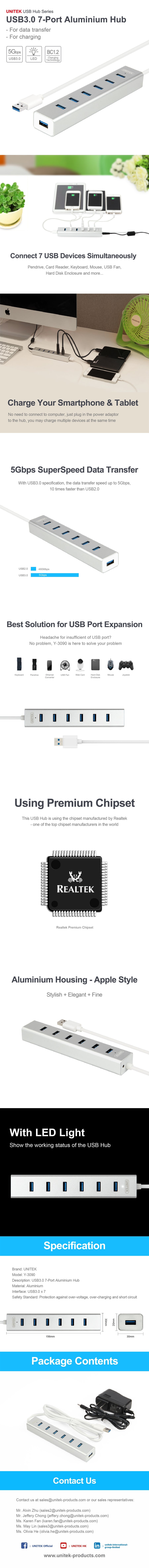 Unitek Y-3090 - USB-A 3.0 7-Port Hub. Apple Style Aluminium Design. SuperSpeed Data Transfer up to