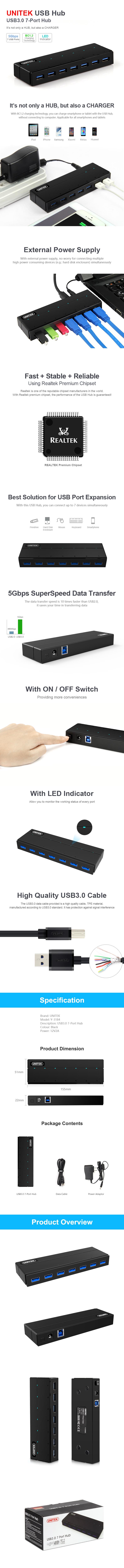 Unitek Y-3184 - USB 3.0 7-Port Hub w/ 1.5A Charging Per Port. Super Speed Data Transfer up to 5Gbps. LED