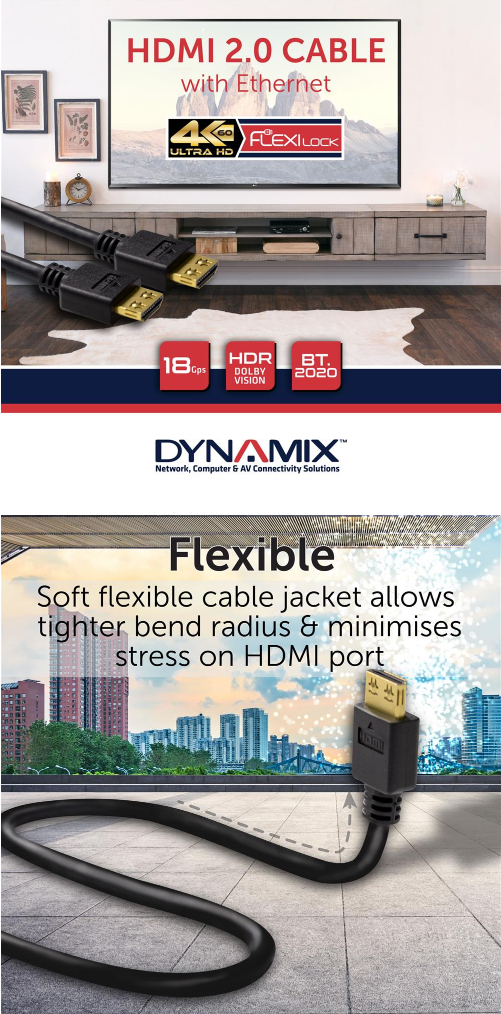 C-HDMI2FL-15 - DYNAMIX 15M HDMI High Speed Flexi Lock Cable with Ethernet. Max Res: 4K2K@60Hz. Supports ARC and 3D.