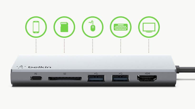 Belkin F4U092BTSGY - USB-C 4-PORT MINI HUB + POWER PASS THRU