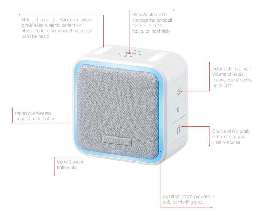 HONEYWELL HONDC515NGA - Wireless Series 5 Portable Doorbell Halo Light & Push Button. 6x Selectable
