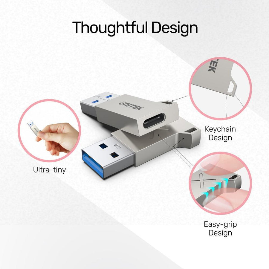Unitek A1034NI - USB-A Male to USB-C Female Ultra-Tiny Adaptor w/ Easy Grip Design. Superspeed