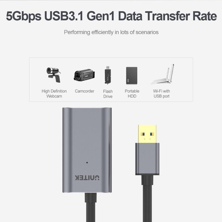 Unitek Y-3004 - 5m USB 3.0 Extension Cable w/ Built-in Extension Chipset. Aluminium Designed Housing