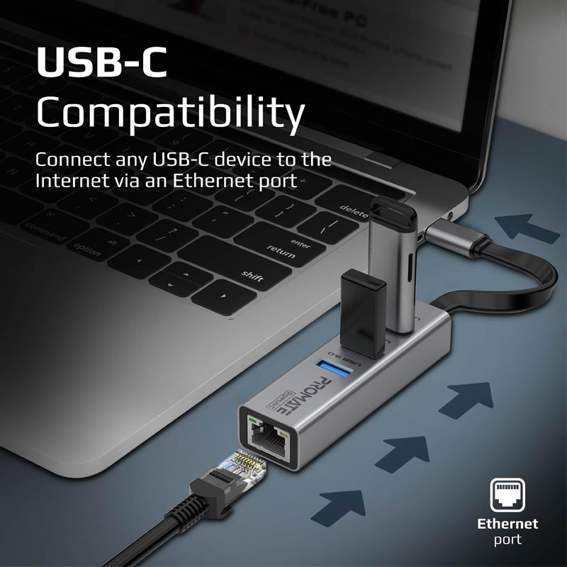 Promate GIGAHUB-C-GRY - Multi-Port Hub w/ Ethernet Port & USB-C Connect 3x USB-A 3.0 Ports 1000Mbps