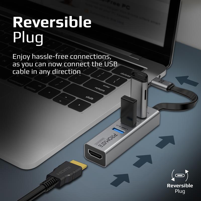 Promate MEDIAHUB-C3-GRY - 4-in-1 USB Multi-Port Hub w/ USB-C Connector Includes 3x USB-A 3.0 Ports & 1x HDMI Port