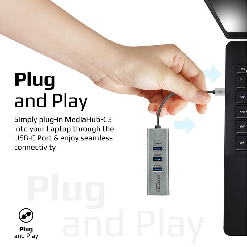 Promate MEDIAHUB-C3-GRY - 4-in-1 USB Multi-Port Hub w/ USB-C Connector Includes 3x USB-A 3.0 Ports & 1x HDMI Port