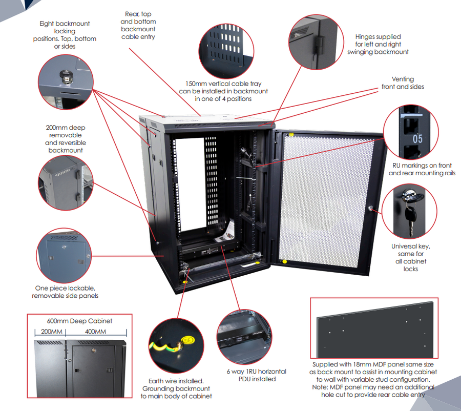 DYNAMIX RDME12 - 12RU 600mm Deep Universal Swing Wall Mount Cabinet. 200mm Removable Backmount.