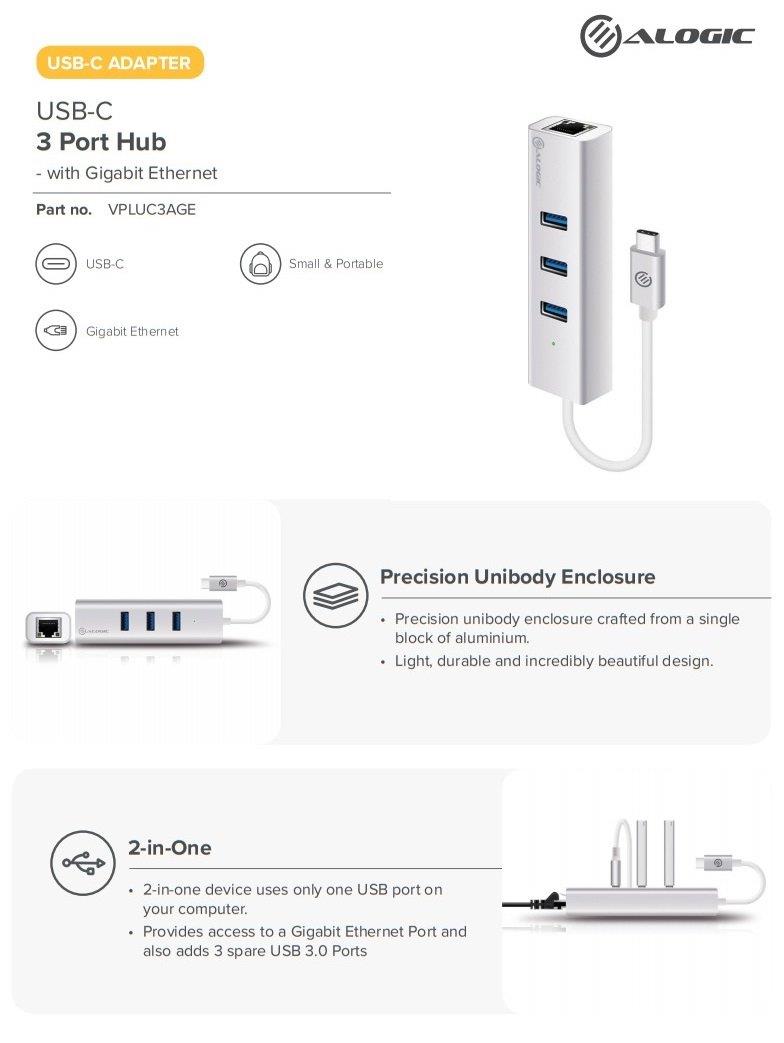 ALOGIC VPLUC3AGE - USB-C TO GIGABIT & 3 PORT USB HUB