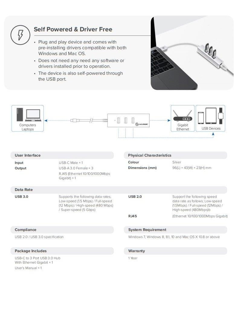 ALOGIC VPLUC3AGE - USB-C TO GIGABIT & 3 PORT USB HUB