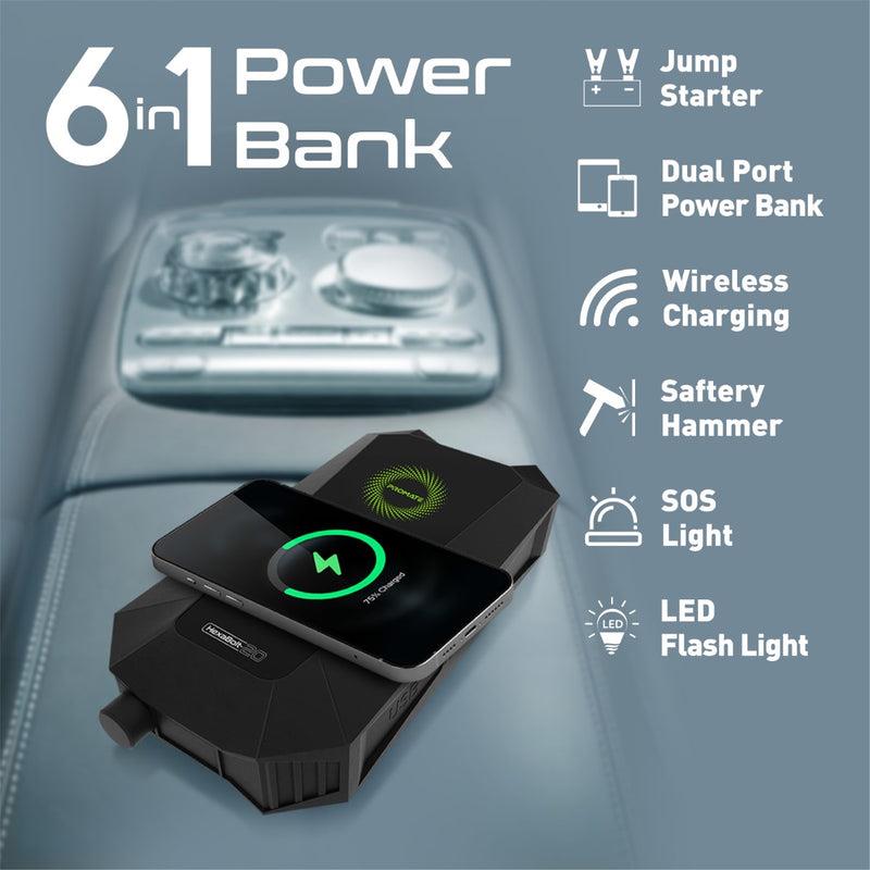 Promate HEXABOLT-20 - 19000mAh Jump Starter Power Bank. 1500A/12V Peak Current Port LED Flashlight Wireless