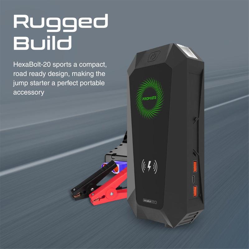 Promate HEXABOLT-20 - 19000mAh Jump Starter Power Bank. 1500A/12V Peak Current Port LED Flashlight Wireless